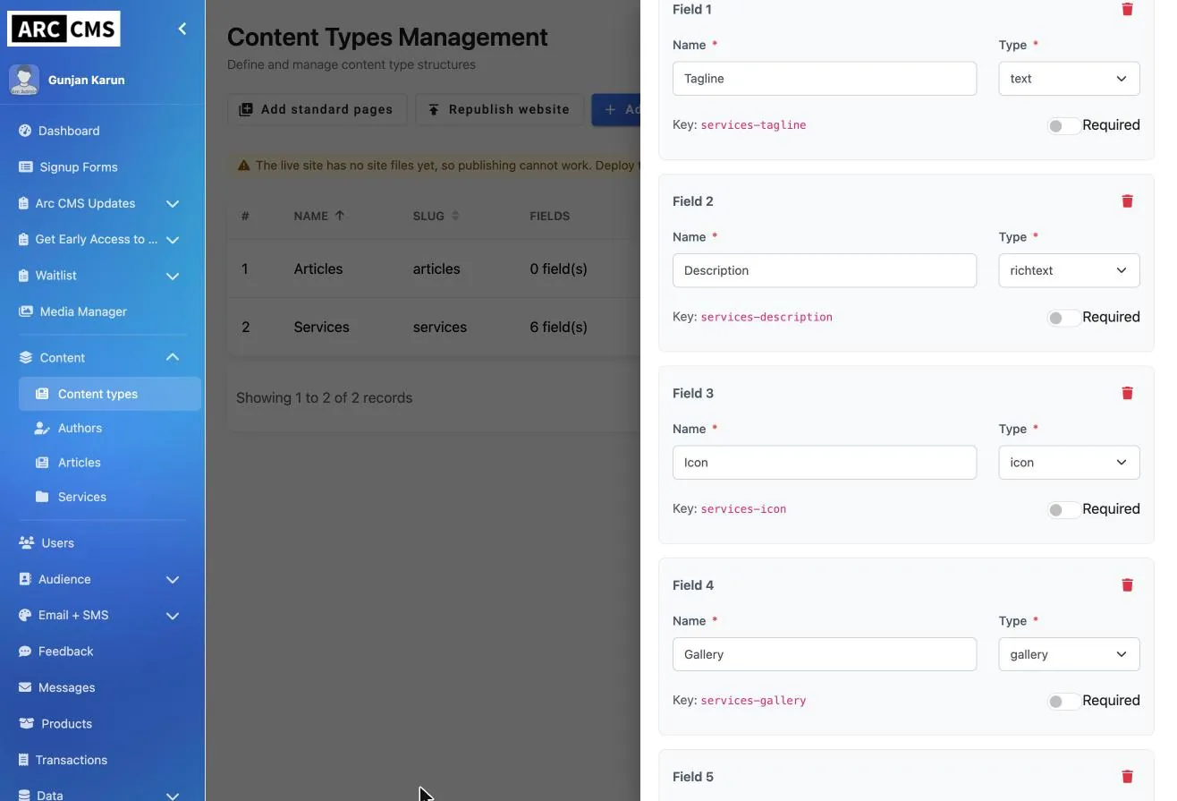 A content type being edited, with fields such as text, rich text, icon and gallery