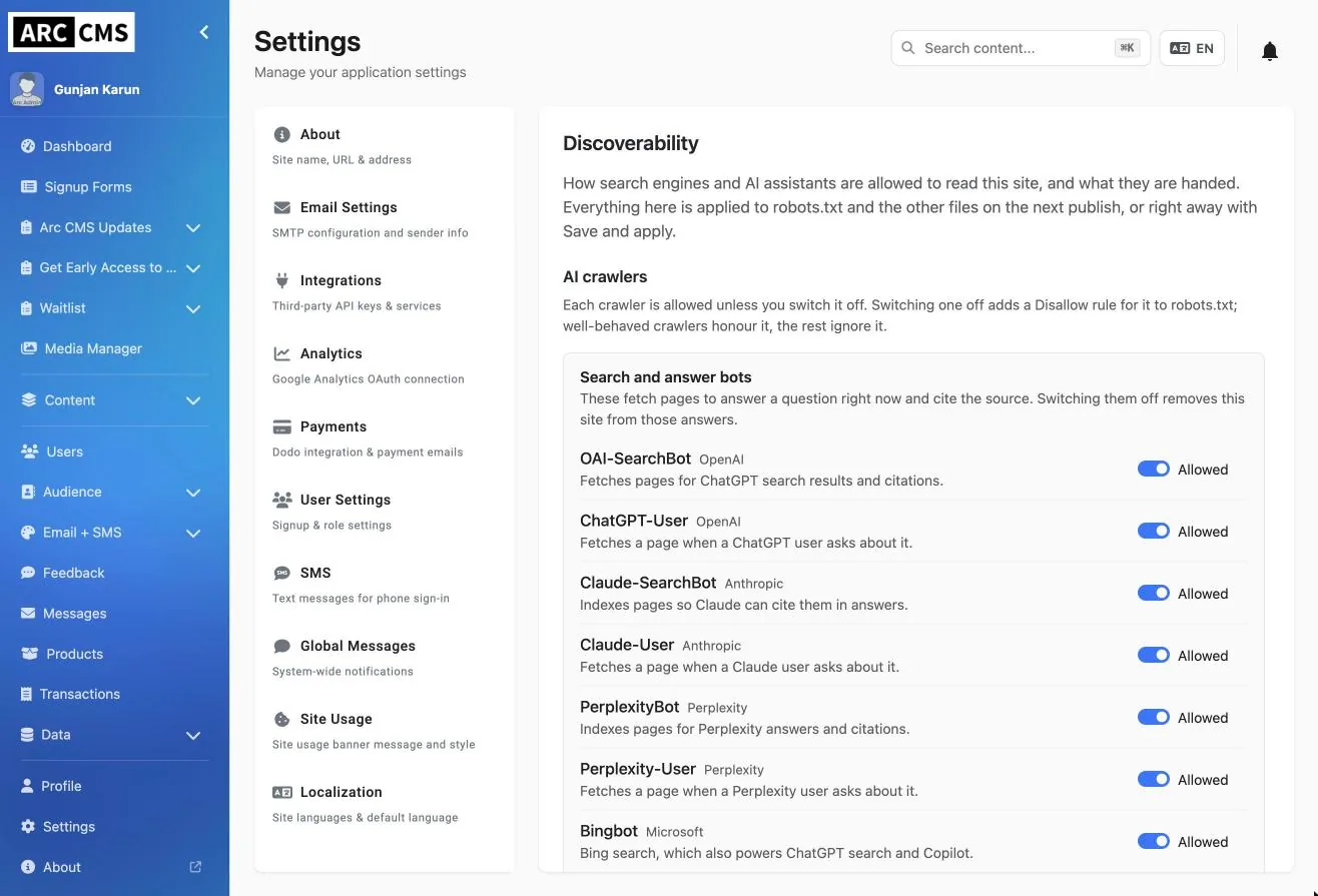 Discoverability settings: a switch for each AI crawler, such as OAI-SearchBot and Claude-SearchBot