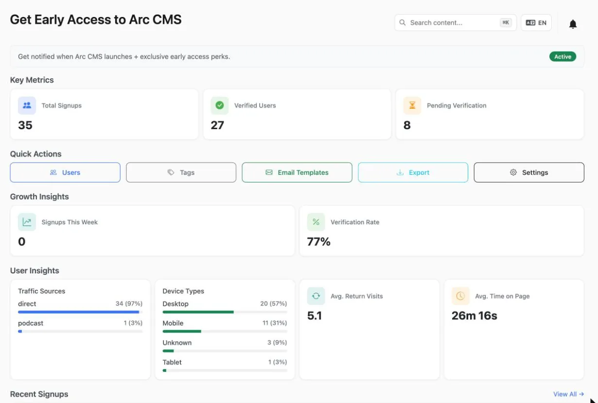 A signup form dashboard with sign-ups, verification rate, traffic sources and devices