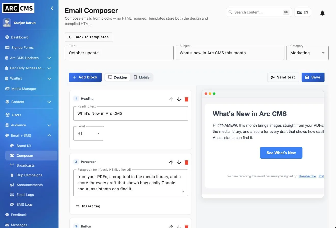 The email composer with block settings on the left and a live newsletter preview