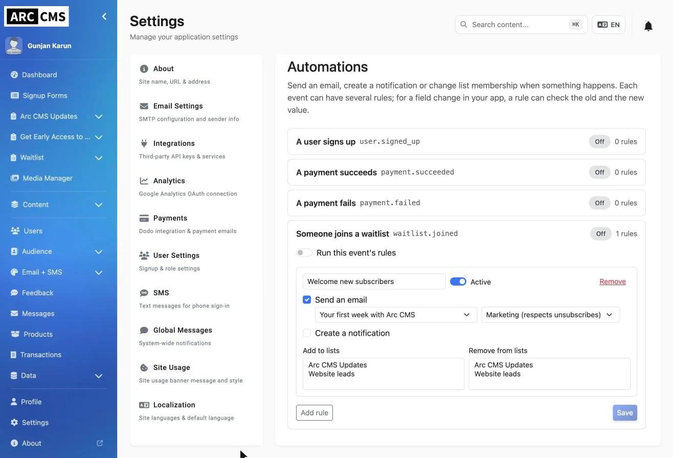 An automation rule that sends a welcome email when someone joins a signup form